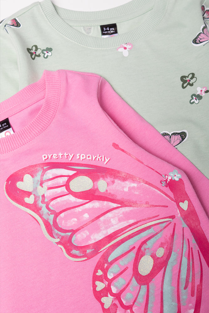 2 Pack Butterfly Long Sleeve T-Shirts Pink And Green