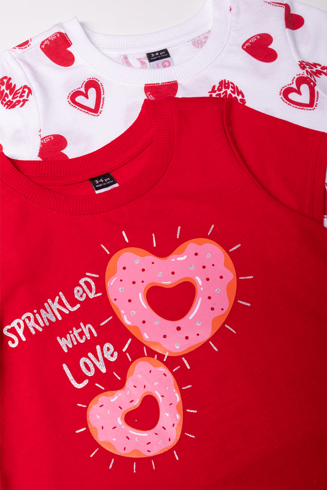 2 Pack heart & Donut Print T-Shirts Red & White
