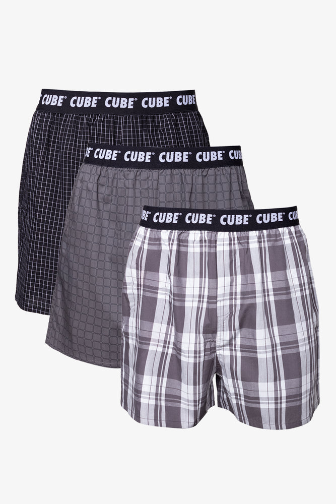 3 Pack Boxers Grey, Check & Charcoal