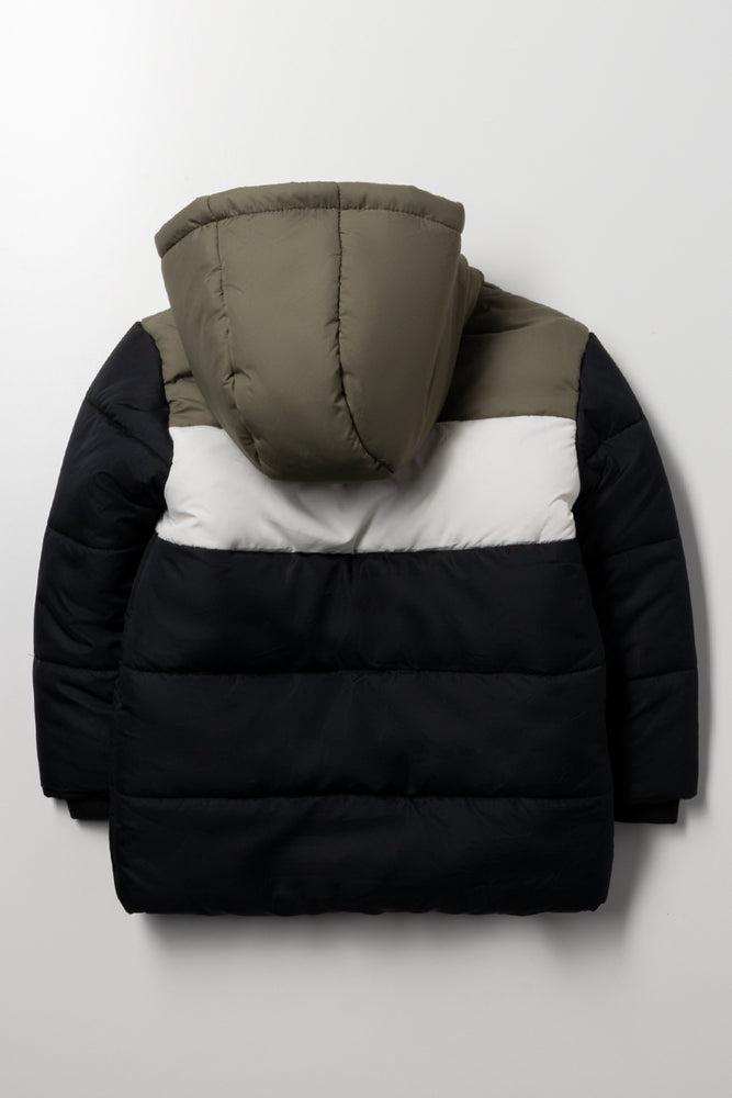 Colourblock Hooded Puffer Coat Black And Green (4)