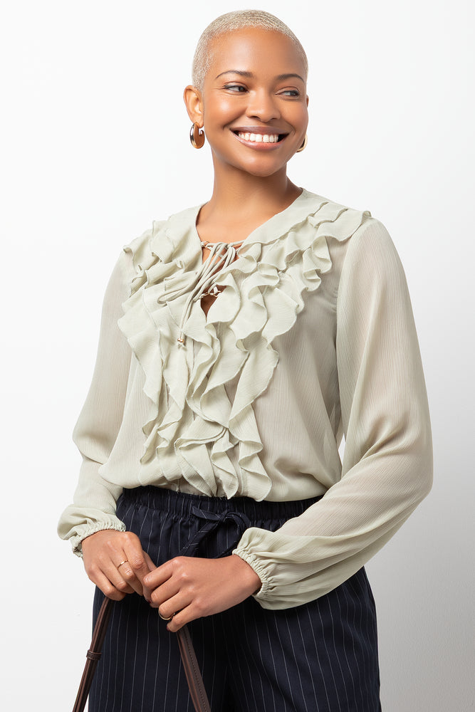 Long Sleeve Chiffon Ruffle Blouse Sage