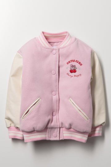 Cherry Print Baseball Jacket Pink