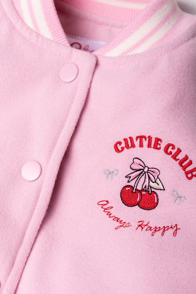 Cherry Print Baseball Jacket Pink
