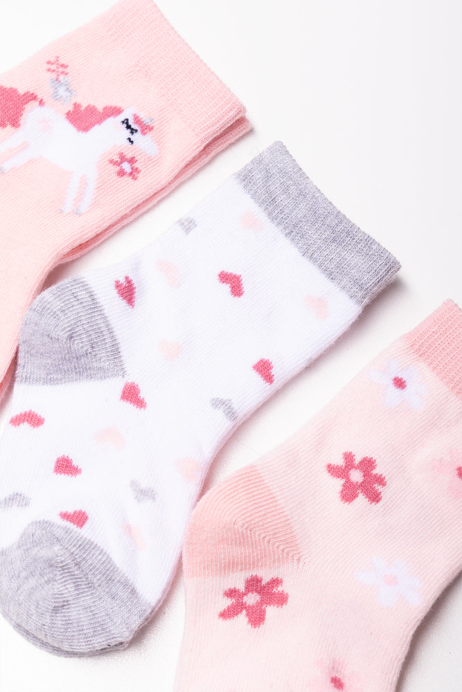 3 Pack Unicorn Flower Socks Pink (1)