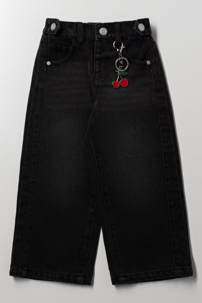 Wide Leg  Denim Jeans With Cherry Black