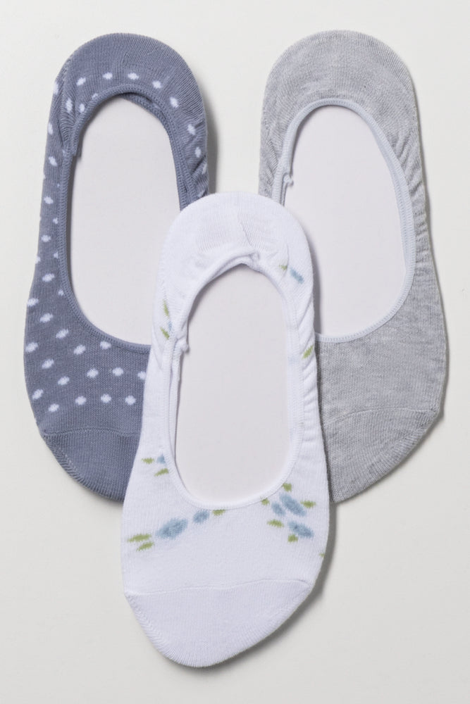 3 Pack Floral Footliners Blue, Grey And White