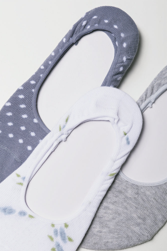 3 Pack Floral Footliners Blue, Grey And White