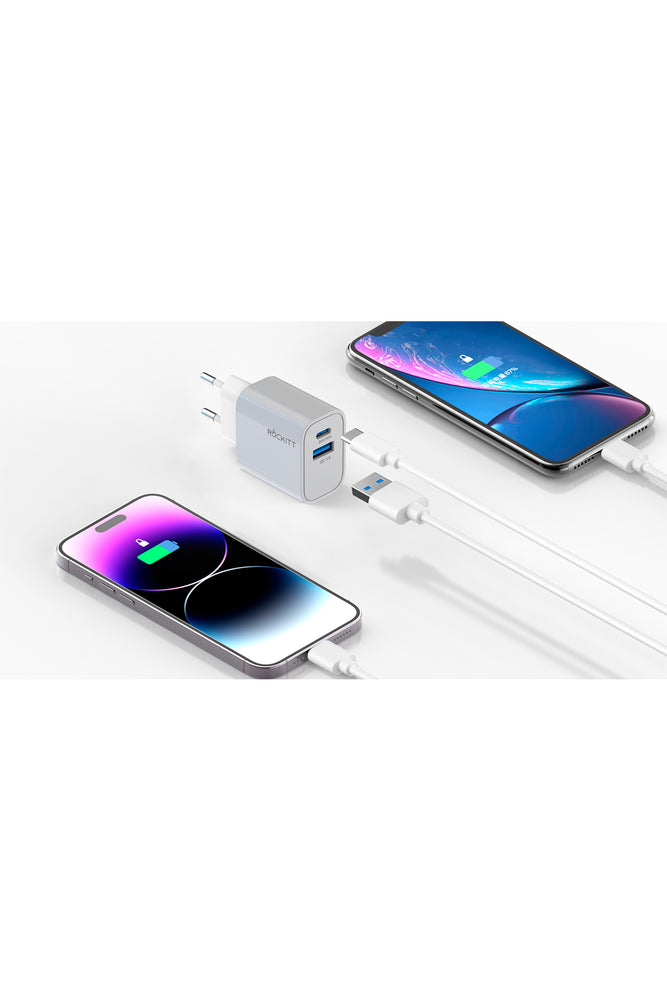 Rockitt Wall Super Fast Charger 25w USB A+C White And Grey