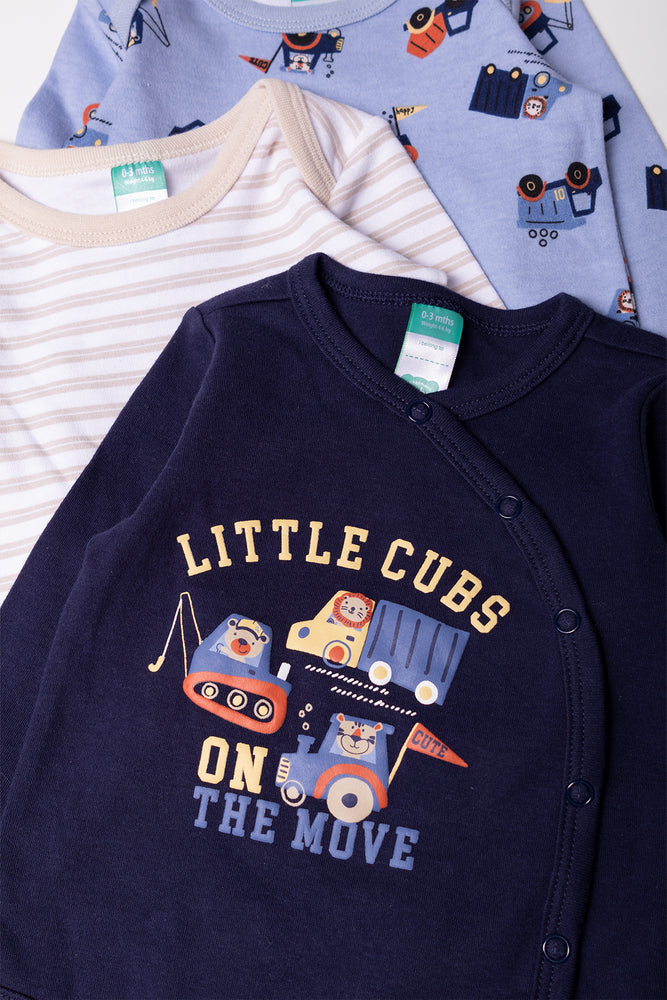 3 Pack Long Sleeve Bodyvests Blue And Natural