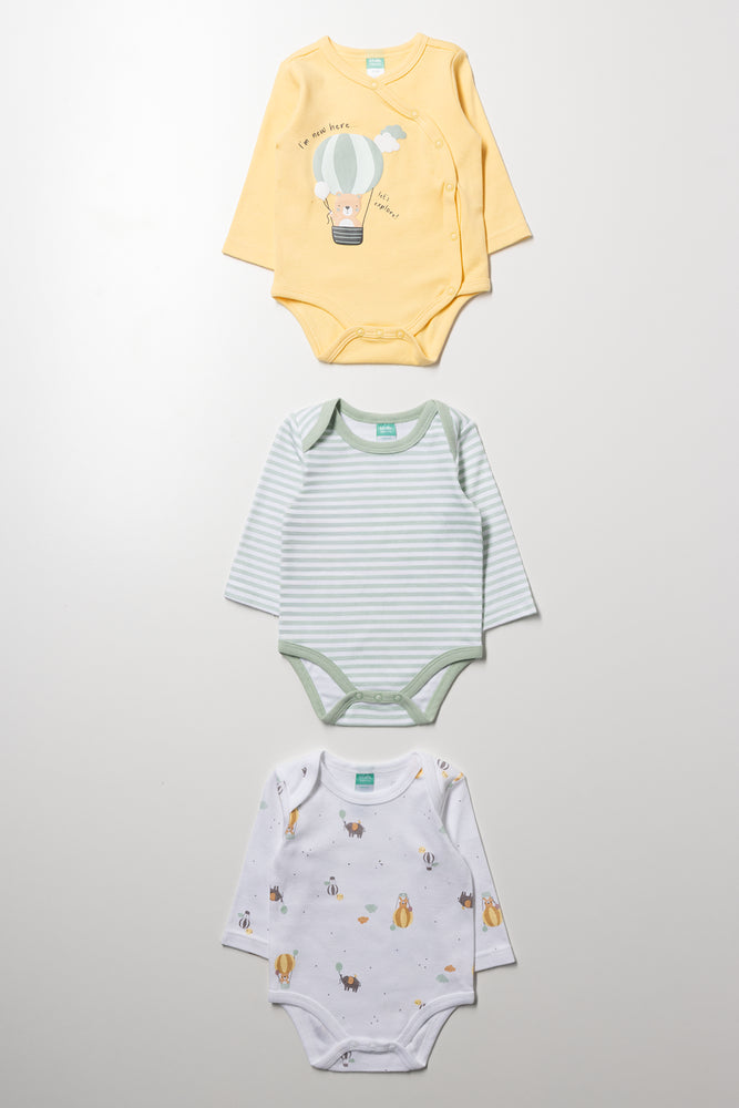 3 Pack Long Sleeve Bodyvests Yellow, Green And White