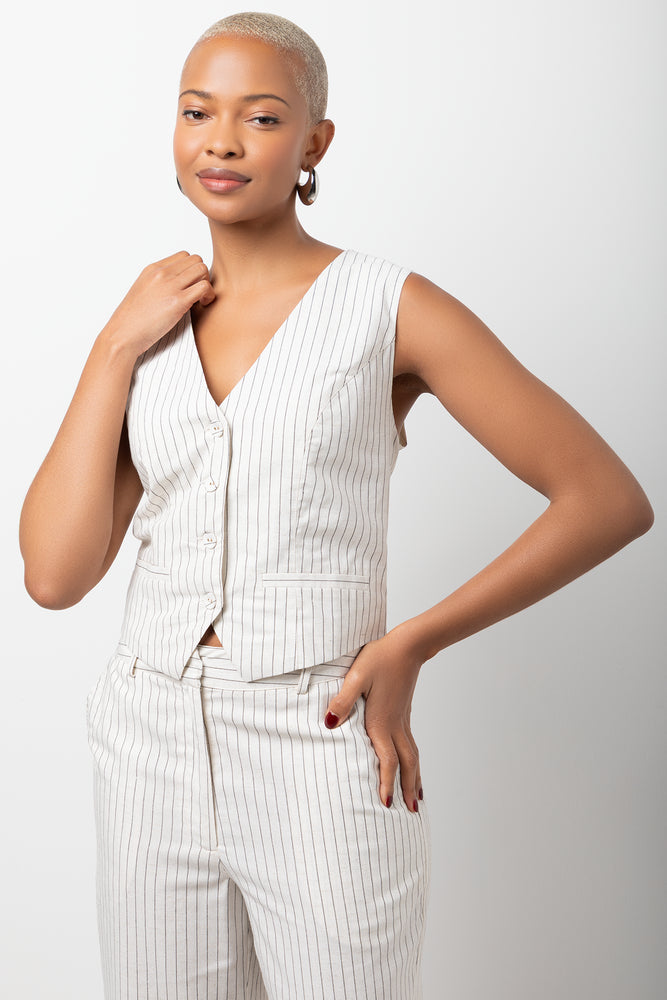 Striped Linen Blend Waistcoat Cream