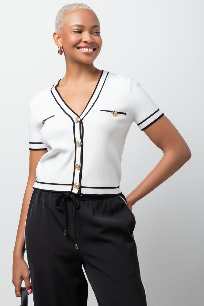Short Sleeve Cardigan With Tipping Black And White