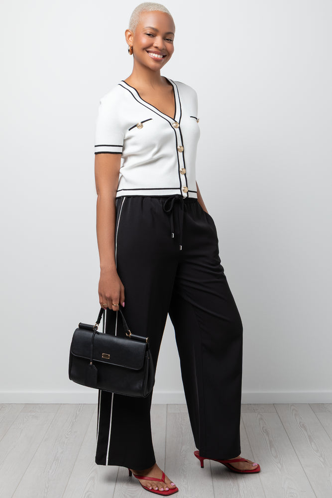 Short Sleeve Cardigan With Tipping Black And White