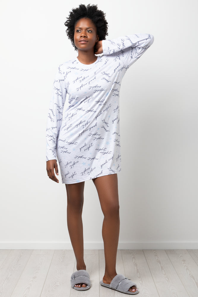 Script Long Sleeve Sleepshirt Grey