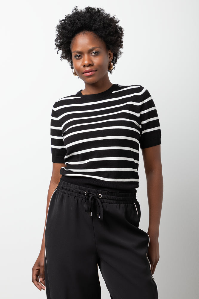 Stripe Ballerina Sleeve Crew Neck Knit Top Black And White
