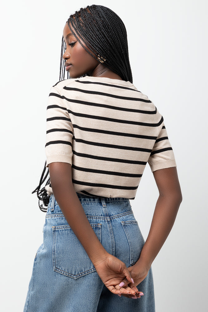 Short Sleeve Knit Top Natural And Black (2)