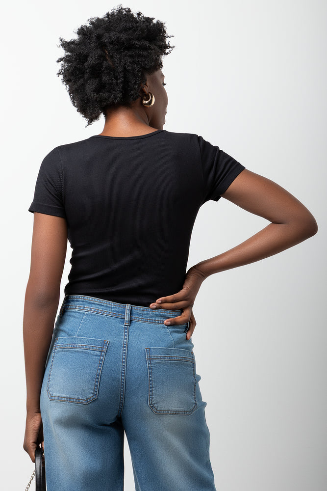 Short Sleeve Rib Seamless Boydsuit Black