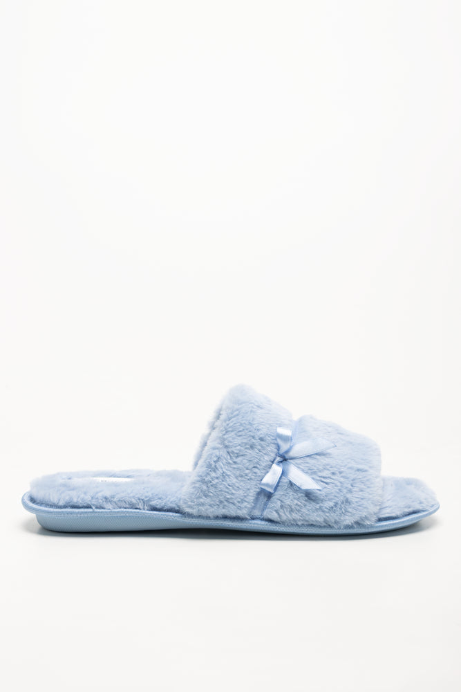 Satin Trim Fur Slippers Blue