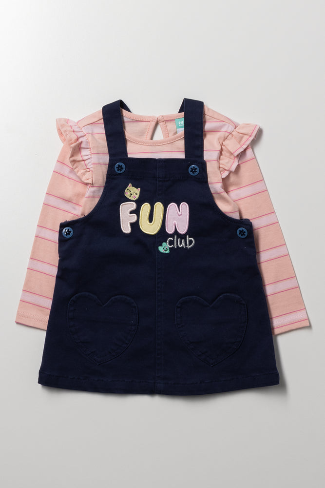 Pinafore With Frill Rib T-Shirt Set Navy
