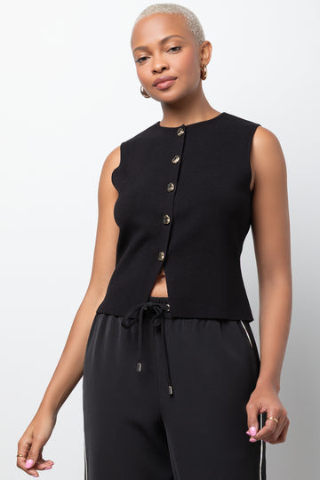 Sleeveless Knit Button Through Vest Black