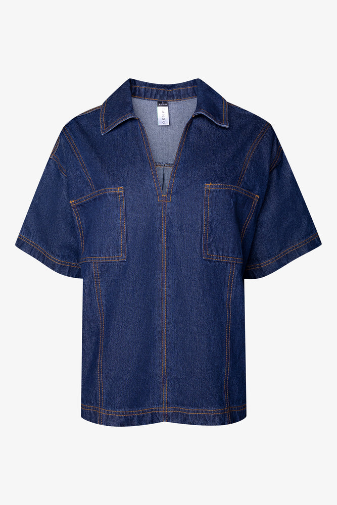 Short Sleeve Denim Tunic Dark Blue