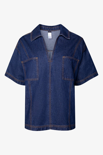 Short Sleeve Denim Tunic Dark Blue