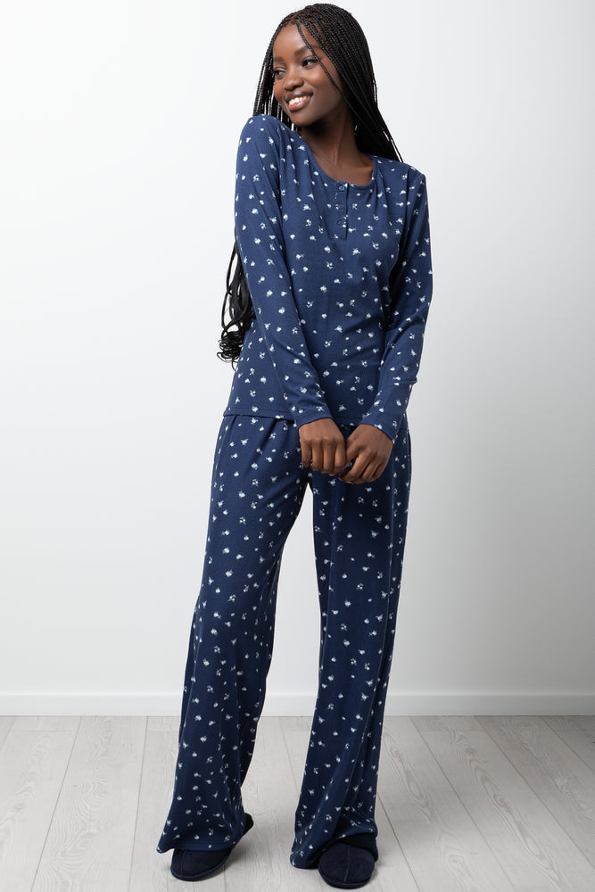 Ditsy Rib Long Sleeve Pyjama Set Navy