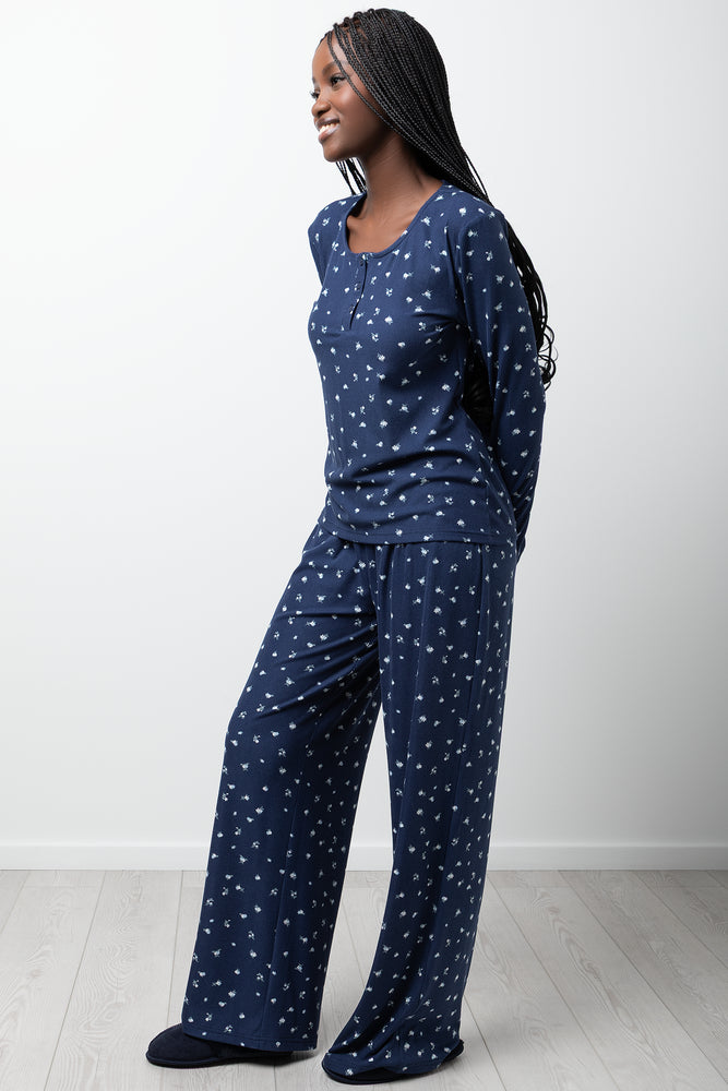 Ditsy Rib Long Sleeve Pyjama Set Navy