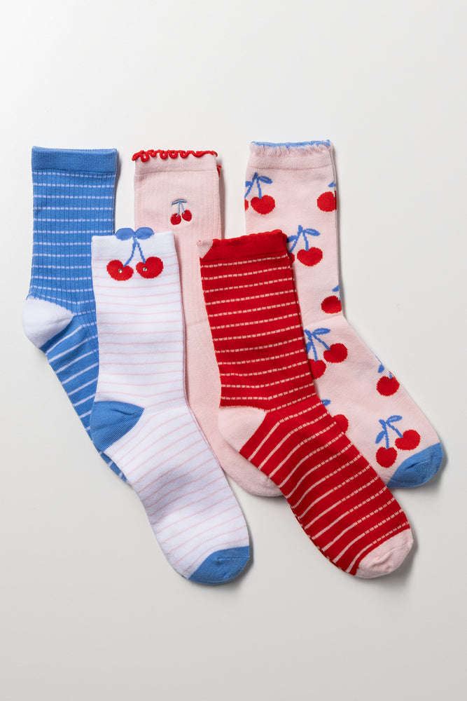 5 Pack Cherry And Stripes Anklet Socks Multicolour
