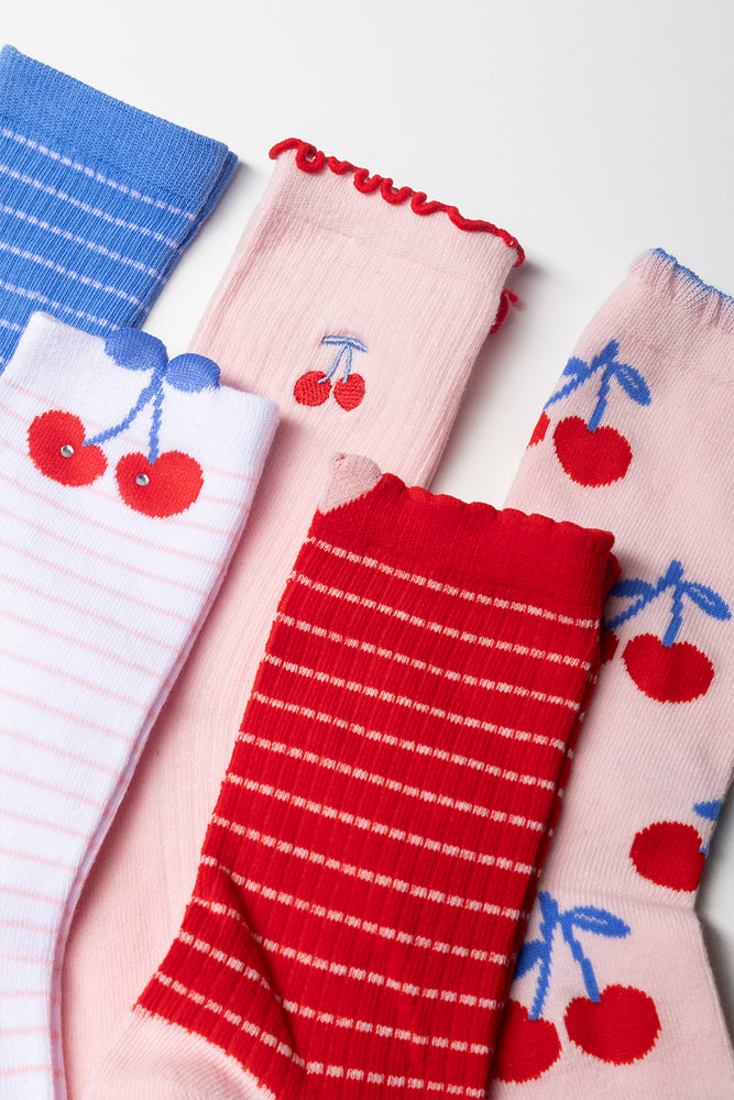 5 Pack Cherry And Stripes Anklet Socks Multicolour (1)
