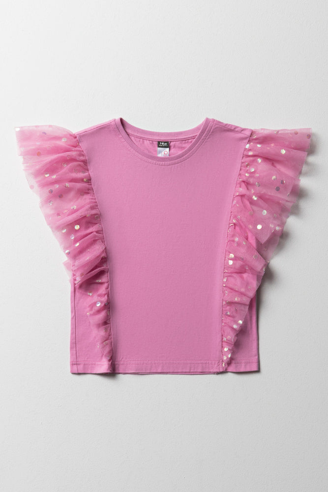 Frilled Sleeves Mesh Top Pink