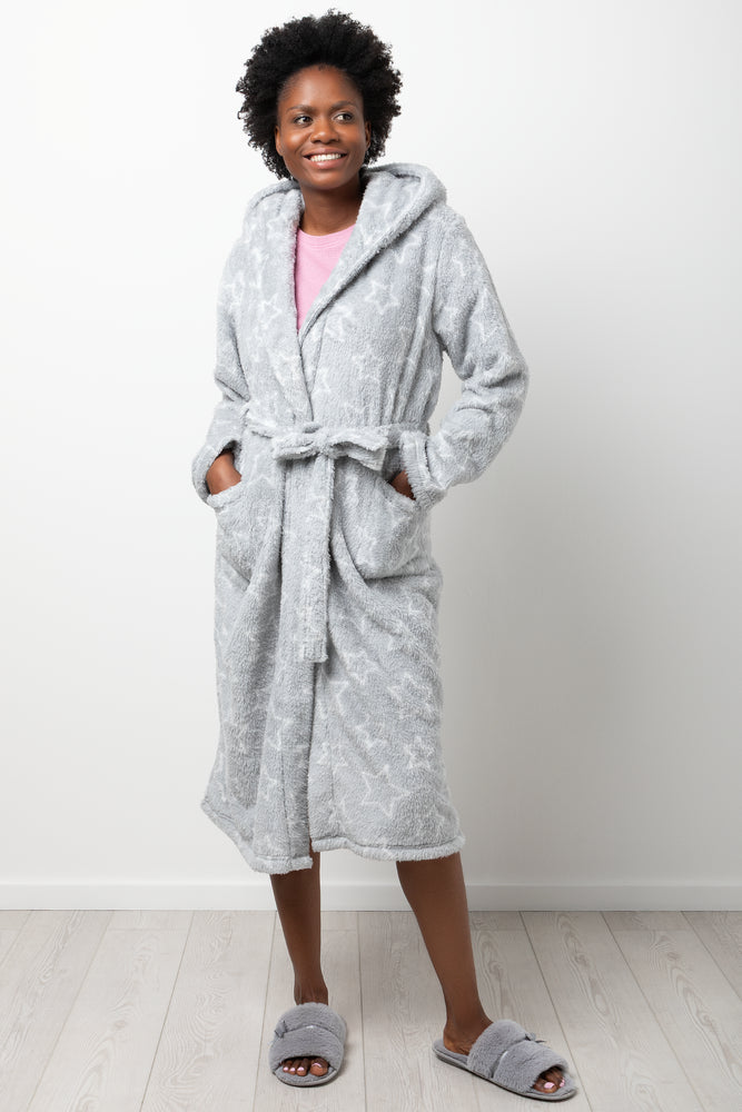 Star Hooded Sherpa Gown Grey