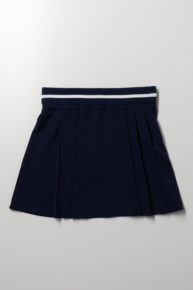 Rib Waist Pleated Skirt Navy