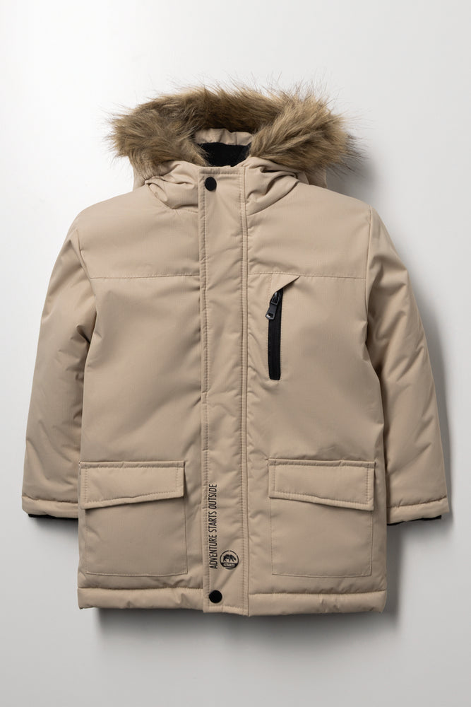 Hooded Textured Parka Jacket Natural