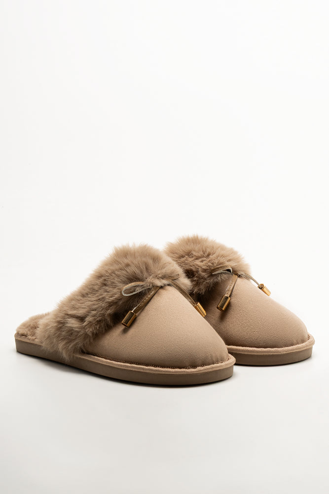 Bow Fur Trim Slippers Natural