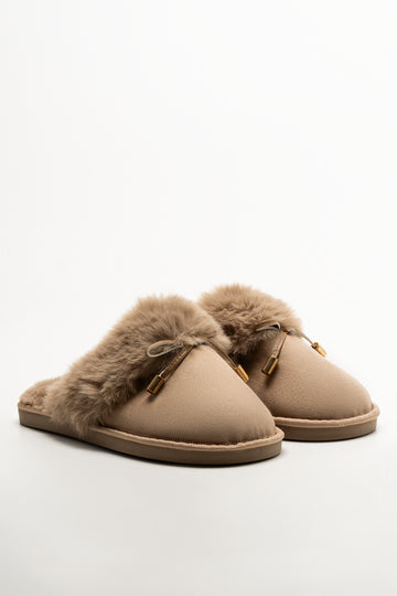 Bow Fur Trim Slippers Natural