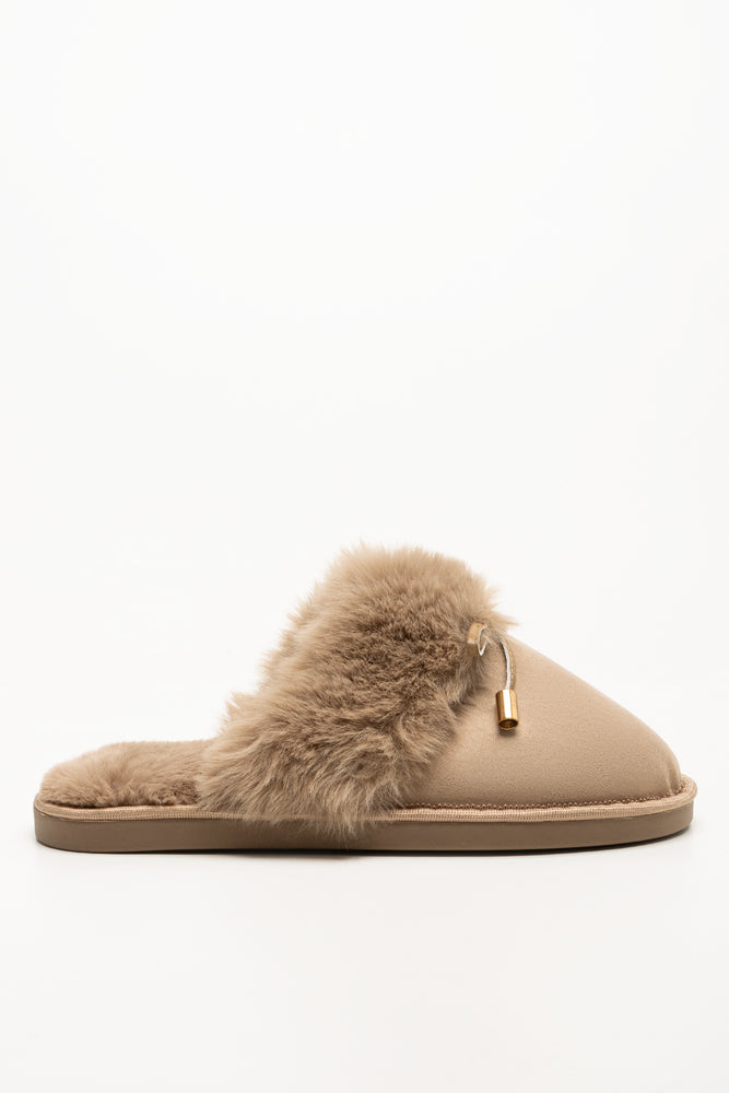 Bow Fur Trim Slippers Natural