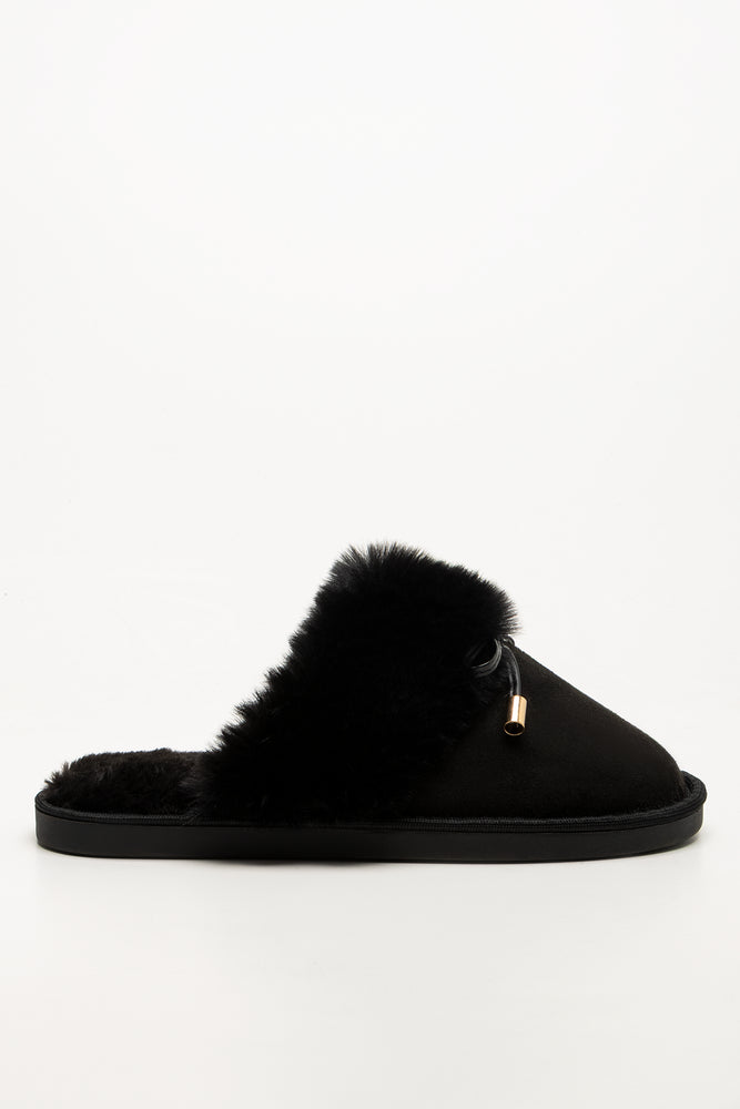 Bow Fur Trim Slippers Black