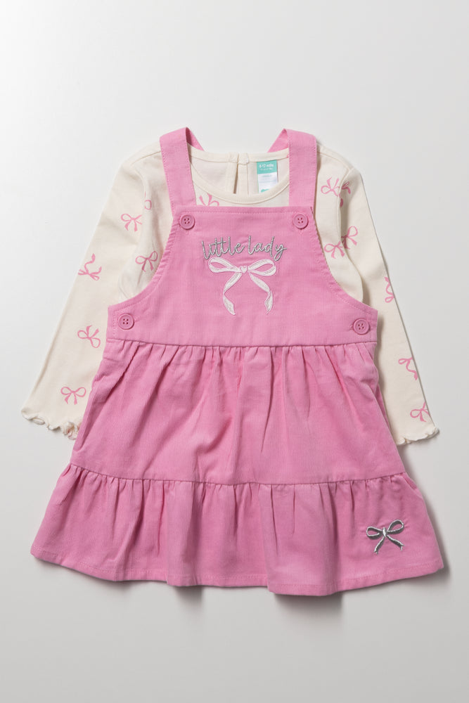 Bow Corduroy Pinafore Set Pink