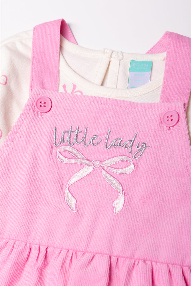 Bow Corduroy Pinafore Set Pink