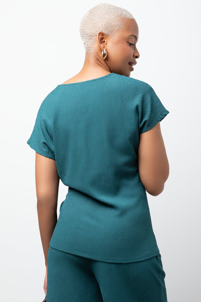 Short Sleeve Crinkle Top With Trim Green (2)