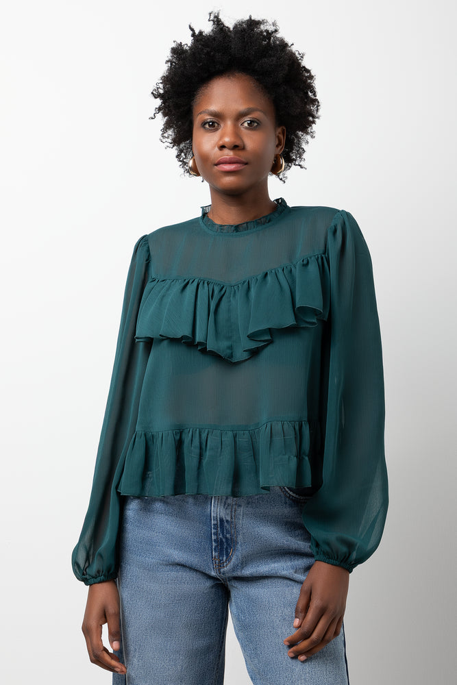 Chiffon Frill Blouse Forest Green