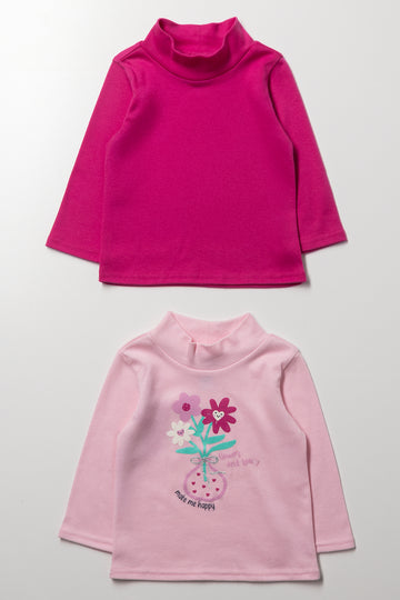 2 Pack Flower Turtleneck Long Sleeve T-Shirts Pink