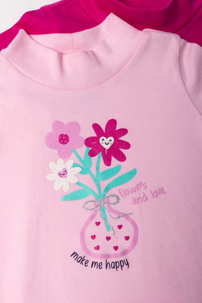 2 Pack Flower Turtleneck Long Sleeve T-Shirts Pink (1)