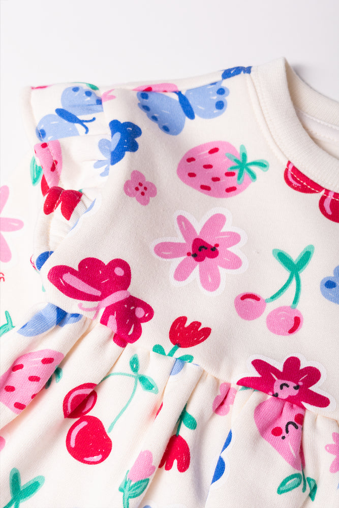 Fleece Dress with Frills & Flower Print (1)