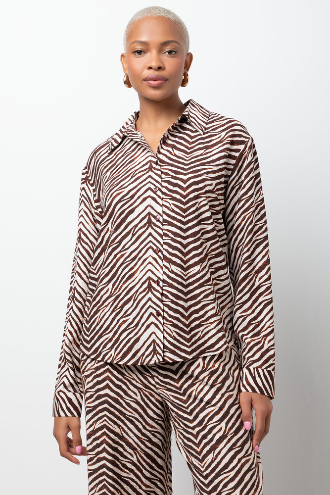 Long Sleeve Zebra Print Shirt Brown