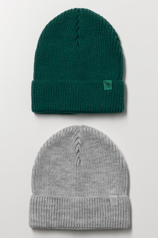 2 Pack Rib Beanies Green And Grey