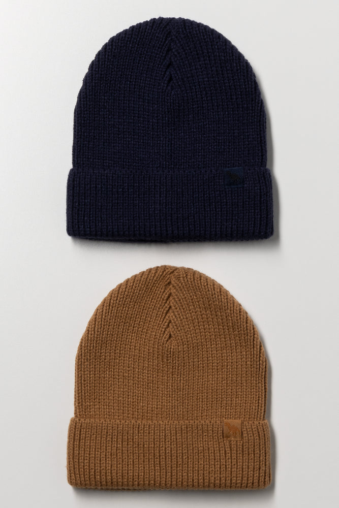 2 Pack Ribbed Beanies Brown & Navy