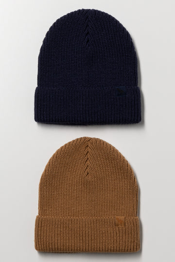 2 Pack Ribbed Beanies Brown & Navy