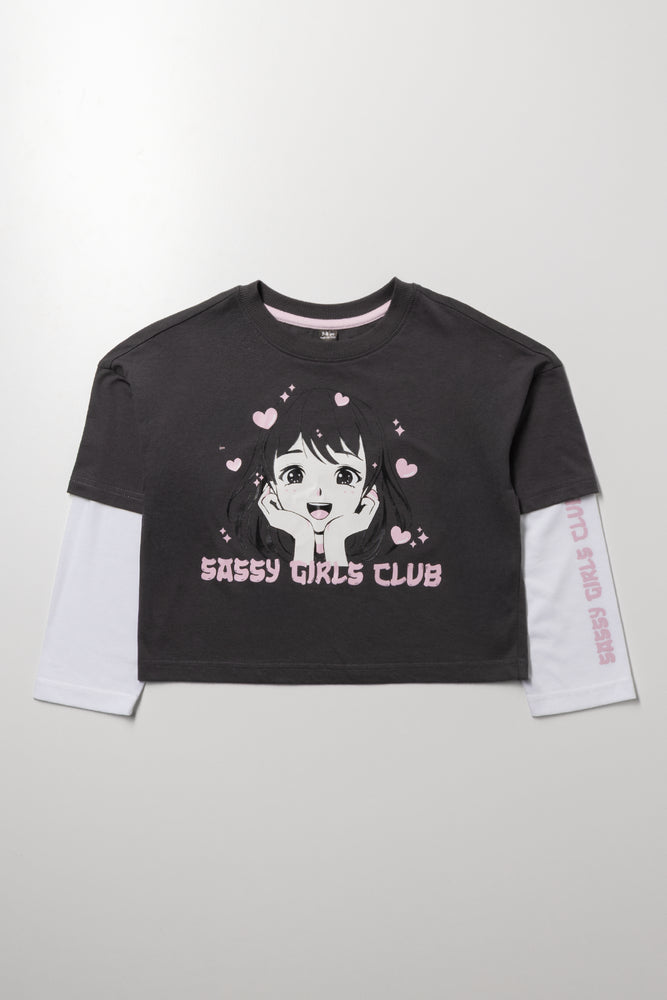 Relaxed Peepout Sleeve T-Shirt Dark Grey